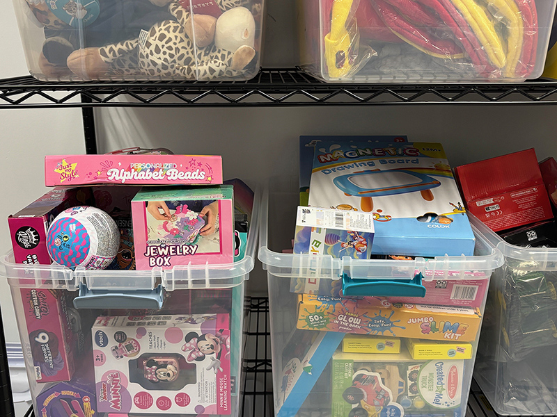 Variety of toys organized in bins that have been donated to the NYPC Foundation's annual Pediatric Holiday Toy Drive.