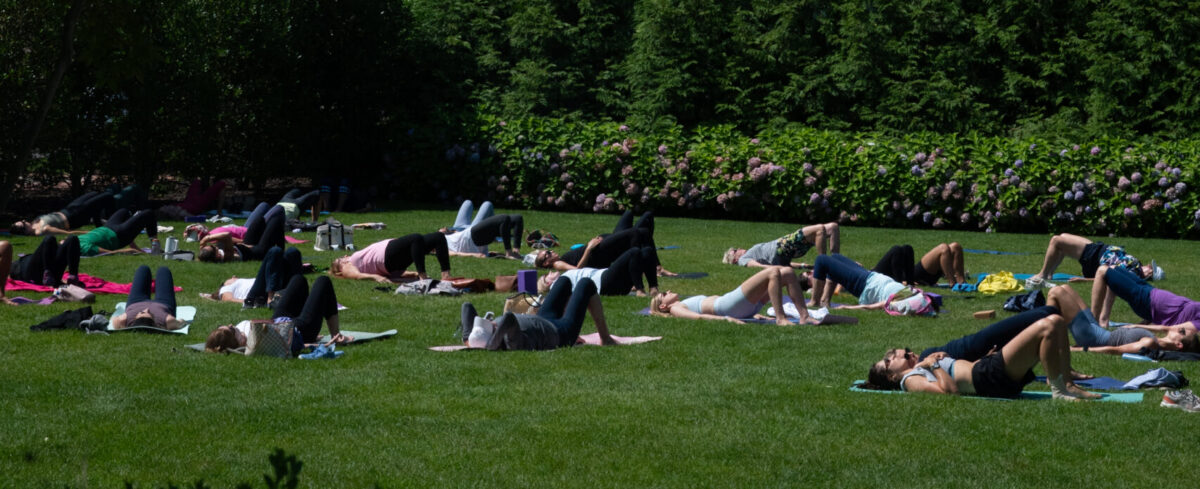 Group of women on lawn doing a Pilates mat class
